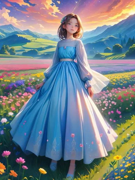 there is a girl standing in a flower field looking up at the sky, a girl standing in a flower field, girl walking in a flower fi...