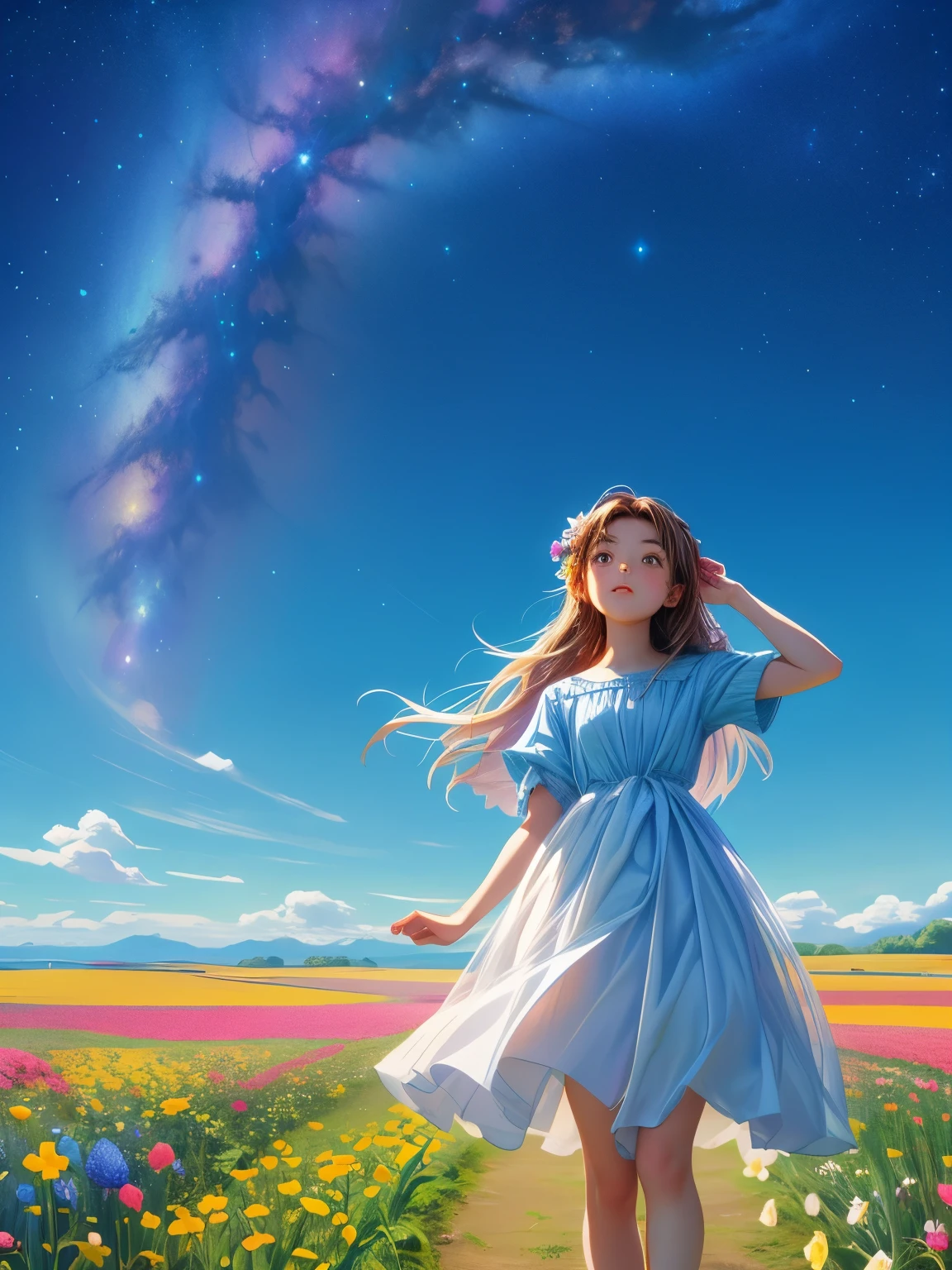 There is a girl Standing in a flower field looking up at the sky, a girl Standing in a flower field, Girl walking in a flower field, I was lost in a dream-like wonderland, Standing in a flower field, Amazing digital painting, The sky gradually cleared, The starry sky is gradually々moving away from  