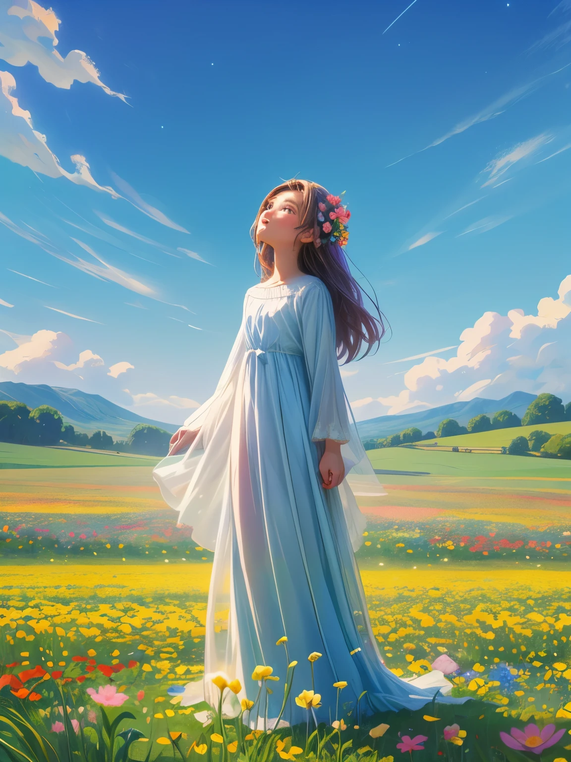 There is a girl Standing in a flower field looking up at the sky, a girl Standing in a flower field, Girl walking in a flower field, I was lost in a dream-like wonderland, Standing in a flower field, Amazing digital painting, The sky gradually cleared, The starry sky is gradually々moving away from  