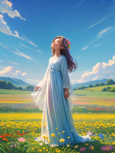 there is a girl standing in a flower field looking up at the sky, a girl standing in a flower field, girl walking in a flower fi...