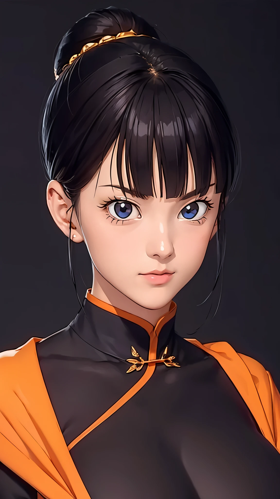 （（（完美figure，figure，solo， （（（orange pashmina wrap, purple cheongsam, ））），（（（dbzch1ch1，sidelocks, bangs, single hair bun, hair bun, (black eyes),））），((masterpiece)),high resolution, ((Best quality at best))，masterpiece，quality，Best quality，（（（ Exquisite facial features，Looking at the audience,There is light in the eyes，(（（angry，serious））)，））），型figure:1.7））），（（（Light and shadow，Huge breasts））），（（（Looking at the camera，black background）））