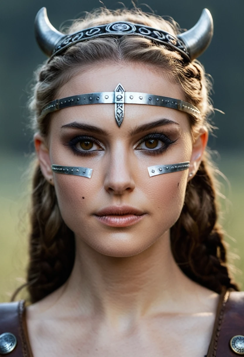 Portrait photo of a viking princess, Nikon Z9, realistic skin, ((skin texture)), (sharp focus), (high quality), looking straight forward, (symmetric:0.4),  ((shiny metallic professional makeup))