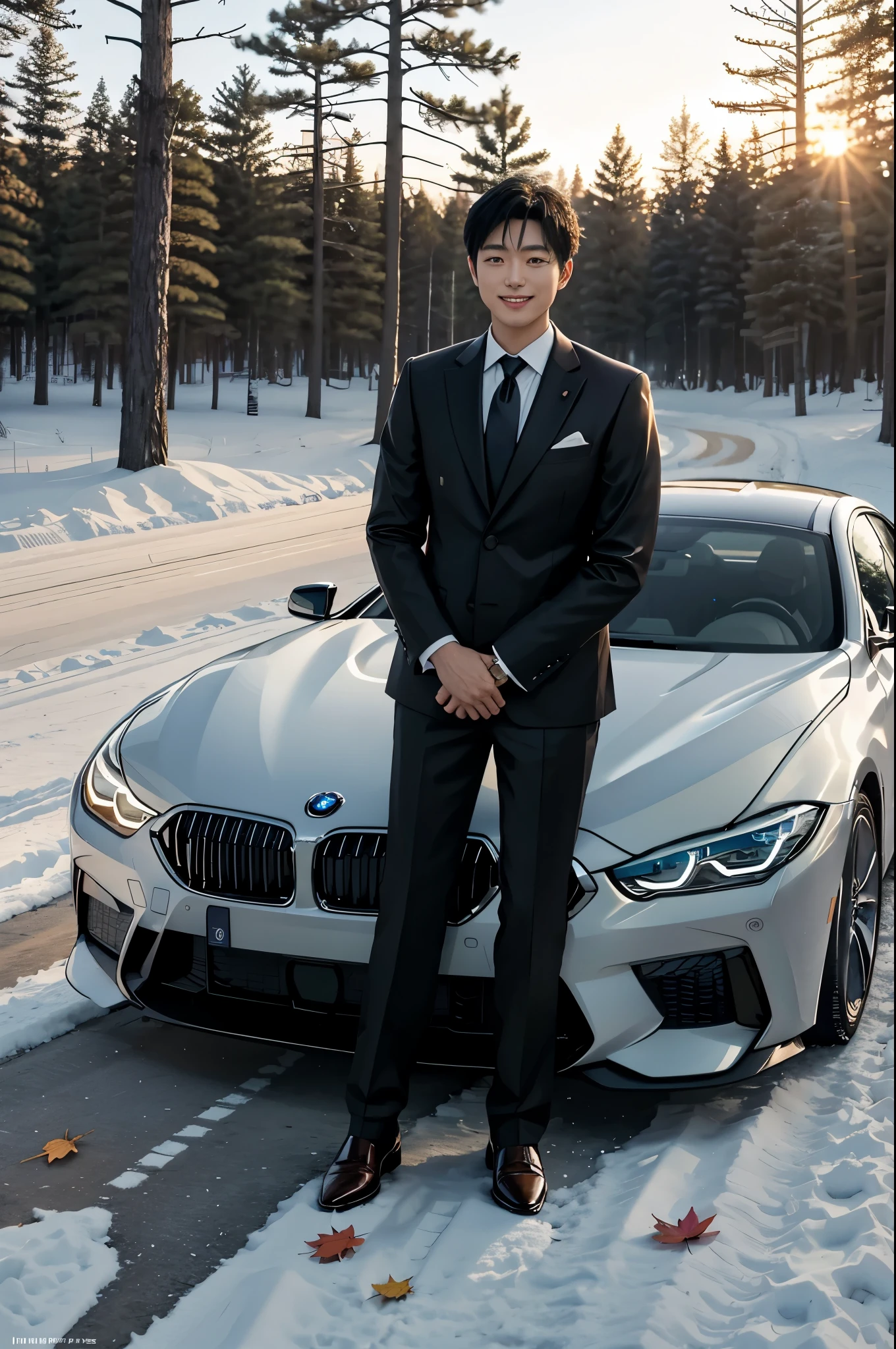 Ein junger, aber reif wirkender Japaner trägt einen Anzug, Krawatte und Lederschuhe. lächelnd und neben einem weißen BMW840i stehend, Herbstwald, Sonnenuntergang, Blätter fallen, erster Schnee,
