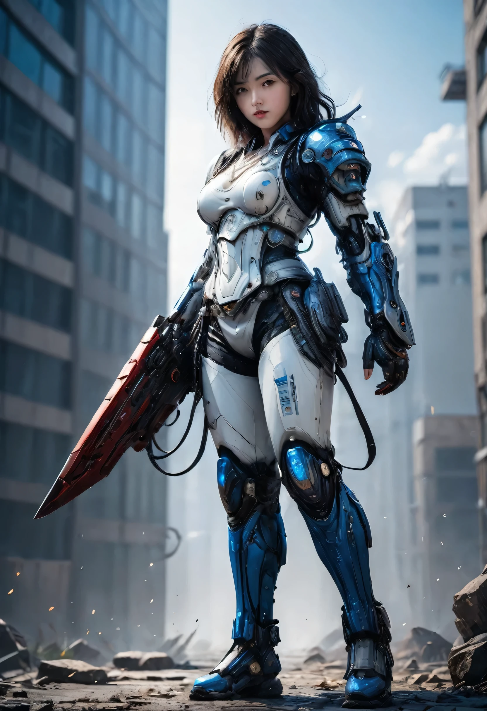 front_view, masterpiece, highest quality, realistic, Raw photo, (1 girl, looking at viewer), long hair, Mechanical White Armor, Complex Armor, Delicate blue filigree, Complex filigree, Red metallic parts, Details, dynamic pose, detailed background, dynamic lighting,