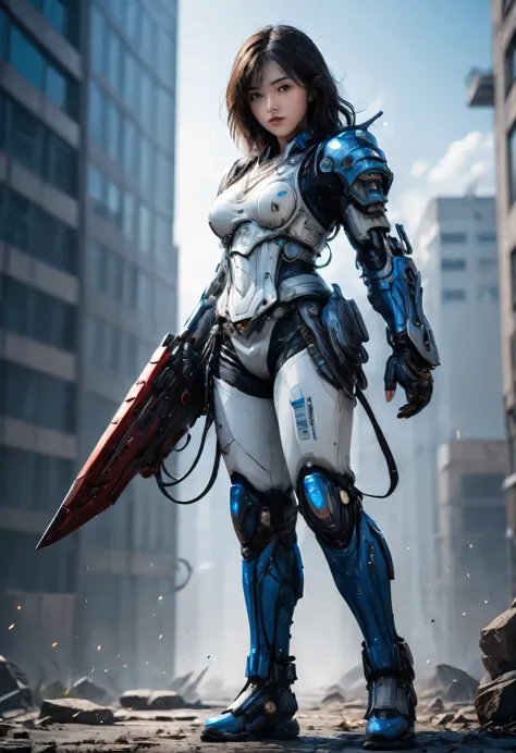 front_view, masterpiece, highest quality, realistic, raw photo, (1 girl, looking at viewer), long hair, mechanical white armor, ...