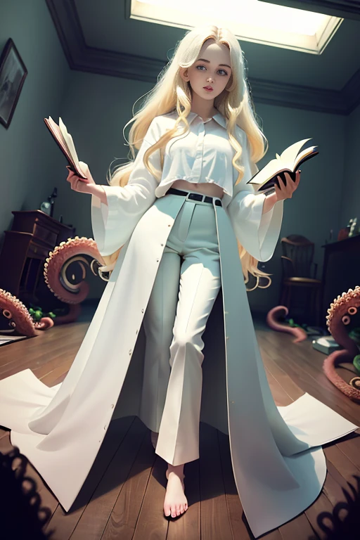 masterpiece, best quality, hyperrealistic, cinematic photo, 14 year old woman, pale skin, British amazing slim body with some curves, ((Tight white blouse)), ((Black trousers)), ((Holding an open book)), long blonde wavy hair, perfect thick legs, wide hips, perfect hands, bare foot, beautiful face, perfect face, youthful, (blured background), modern style, from below, (low-angle shoot), low_angle_human, towering, (full body shot), ((Standing, reading an open book)), underneath shot, (view viewer), looking at viewer,(8k, epic composition, photorealistic, sharp focus), detailed background, ((On a dark room)), ((dark tentacles crawling on the floor)), ((Evil spirits roaming on the walls)), inside illumination, night illumination, DSLR, foil grain