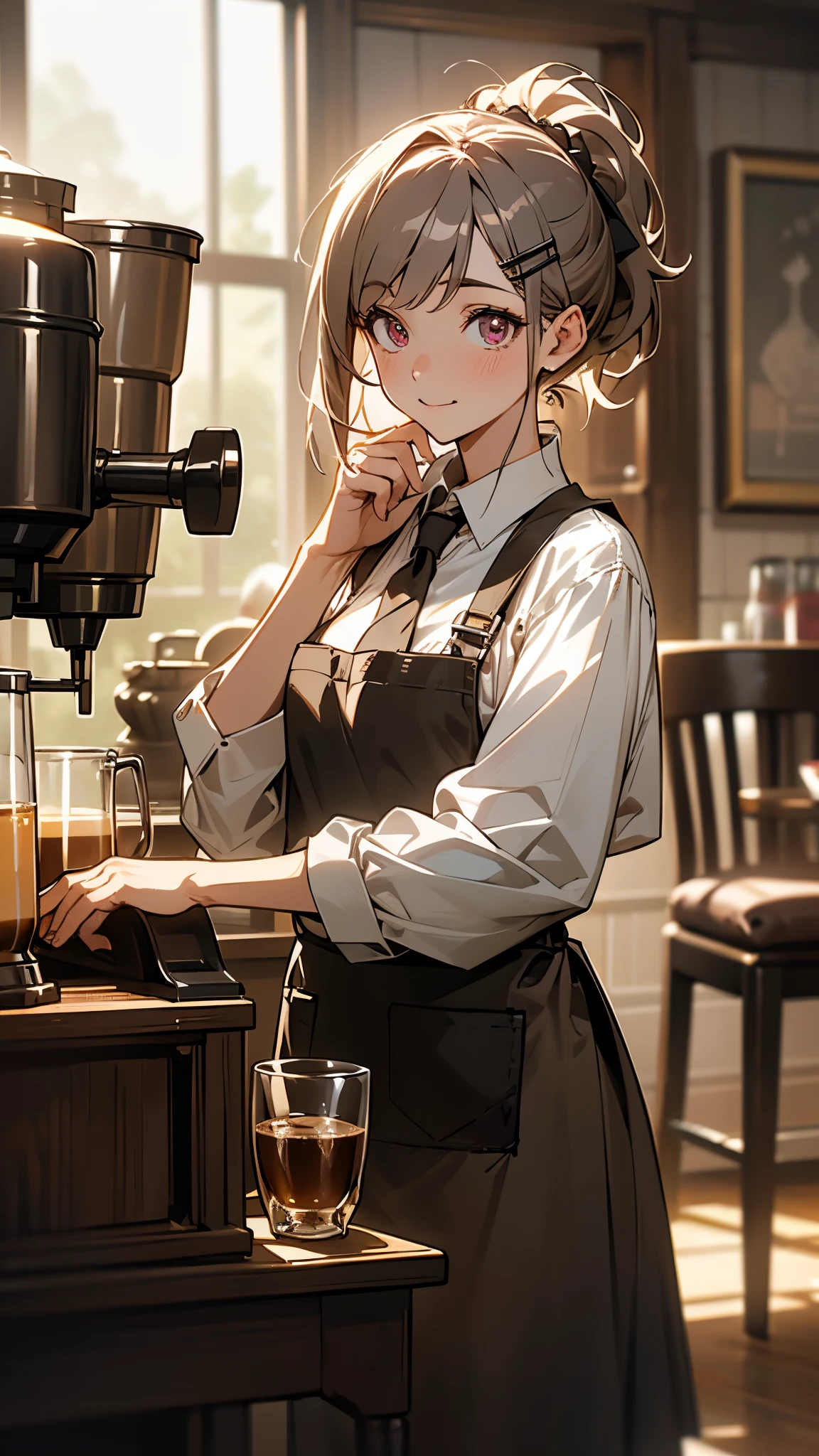 (Tabletop), highest quality,  girl working at a coffee shop, She is making coffee in a machine, Coffee making, Perfect Face, Expressive eyes, Brown apron, Inside the coffee shop, Silver and bob short hairstyle, Tie your hair up with a hair clip, Pink Eyes, pretty girl, comfortable, Realistic, 4K, Complex, detailed, Flowers in a vase, comfortable lights, Perfect lighting, Trace Light, Warm colors, Tables and chairs, Daily life, Modern, elegant, (Relaxed atmosphere), peaceful, Aromatic,Happy,happiness, (Gray Hair), White shirt, Barista, soft, Brown hair band, Humble,delicate, kind, contrast, Vibrant colors, Bokeh, (The perfect coffee machine), roo, (soft), Shine, Shineing eyes

Break she's making coffee, There is a table with a cup on the left hand, There is a coffee machine on the table, Steam coming out of the cup, Delicious coffee