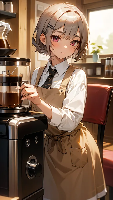 (Tabletop), highest quality,  girl working at a coffee shop, She is making coffee in a machine, Coffee making, Perfect Face, Exp...