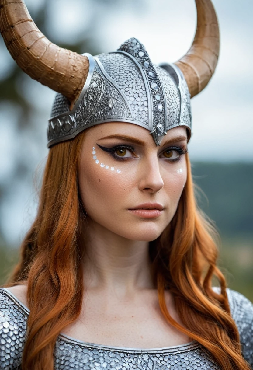 Photo portrait d&#39;une princesse viking, casque avec de longues cornes blanches, (de magnifiques cheveux roux vibrants), Nikon Z9, Peau réaliste, ((Texture de la peau)), (netteté), (Haute qualité), je regarde droit vers l&#39;avant, (symétrique:0.4),  ((maquillage professionnel glitt3r))