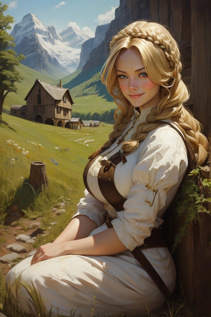 masterpiece, oil painting of Guinwen as a young shepherdess, 8k, 1 girl, realistic oil painting, pretty face, Face of Guinwen, beautifully detailed eyes, muito detalhado, blond hair, blonde hair, gray eyes, visible waist, large breasts, huge breasts, Hairline, shepard, fully clothed, Mediovale, Portrait, Mountains in the background, small farmhouses, full body, ((oil painting)), full cleavage, white dress, poor dress, braids, smiling, shy