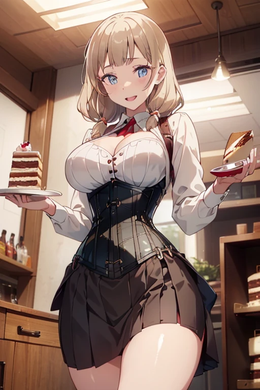 (medium breasts:0.6),(from above:1.2), ((Face)), (Close-Up:0.4), (( eat a cake and have a coffee)),highest quality、(real、photorealistic:1.4),(ultra high resolution, 8K RAW photo, clear focus), best qualtiy, natural lighting, field depth, (Bright pupils, detailed beautiful eyes, high detailed face), Red lip, (tight focus:1.2, from below:1.2), sexy posing, erotic cute,cooking Research Institutes(beautiful and luxurious:1.2),(double breasted:1.0,under bust:1.0), gap between buttons,(((corset belt))),(((high waist skirt,))) seductive weak smiling,(with sparkling eyes and a contagious smile),open mouth, Looking at Viewer