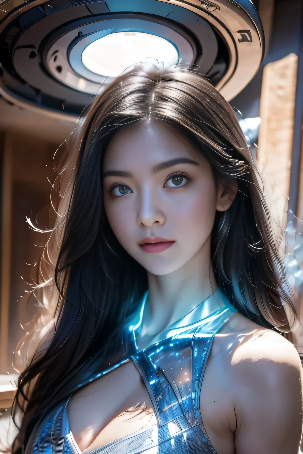 Black Hair, Hair shaking, victory, Long eyelashes, Solid round eye, A faint smile, ears red, direction, Surrealism, shadow, Relief, Stereogram, Standing picture, View, Atmospheric perspective, 8k, super detail, precise, best quality，The complete picture, Seven-hit shooting, 1, Wearing transparent sci-fi clothes, Delicate face, detail, hand, ultimate detail, Stunning magnificence, LED Interior Lighting, Pedepin (fireplace) style, Fiber Hair, Glowing blue iris, Glowing blue iris. 