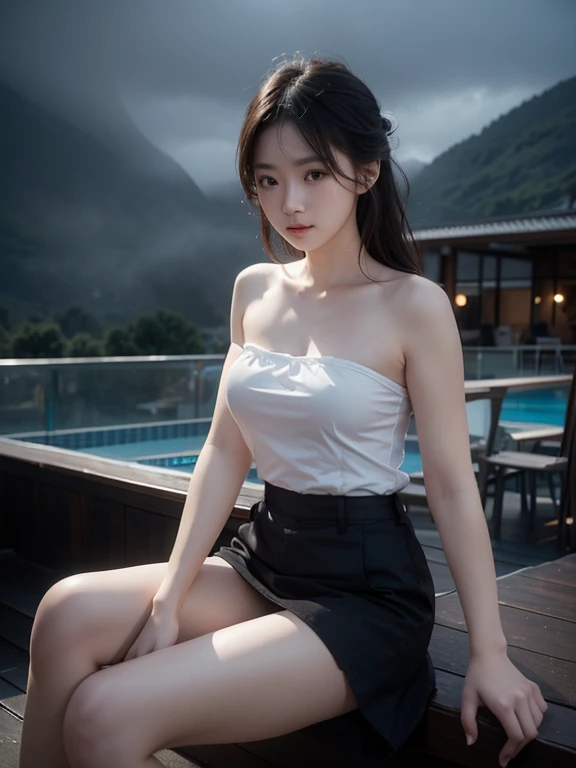 a girl around 20 year old in the strapless shirt sitting  in roof top restaurant , mountain background , pool of mist ,dark theme , mood and tone , light and shadow , realistic , 4k , Photo by Leica M11