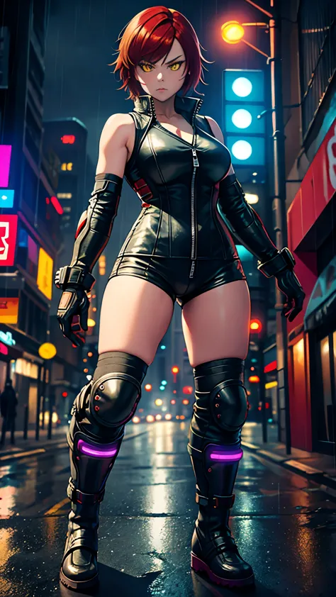 biker girl, motorcycle, leather one-piece garment, short hair, yellow glowing eyes, dark colors, cyberpunk, neon lights, red hai...