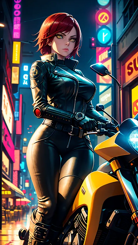 biker girl, motorcycle, Leather garment, Short hair, yellow glowing eyes, Dark colors, leather waist, ultra detailed face, long ...