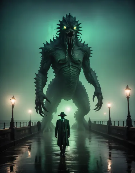 a photo of a (kolossal sea-monster:1.3), towers over a (lone wanderer:1.1) in vintage suit with hat, dark green scales, (glowing...