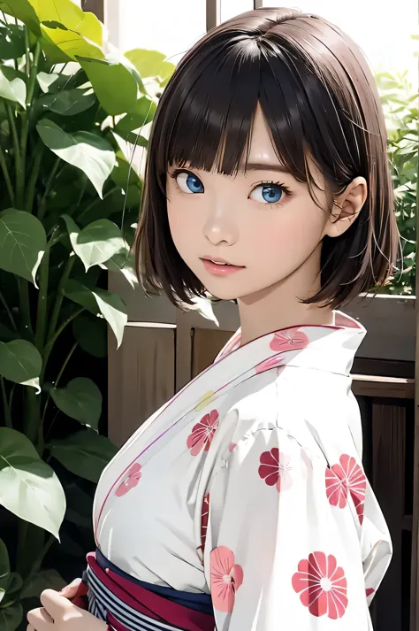 masterpiece、Highest quality、Ultra-fine、32K、Look at the viewer、Look straight ahead、White and pink striped yukata、Fine striped yukata、kimono、Outward facing short hair、Light Brown Hair、46-point diagonal bangs、最high quality、(Real:1.4)、Ultra-high resolution、 (N...