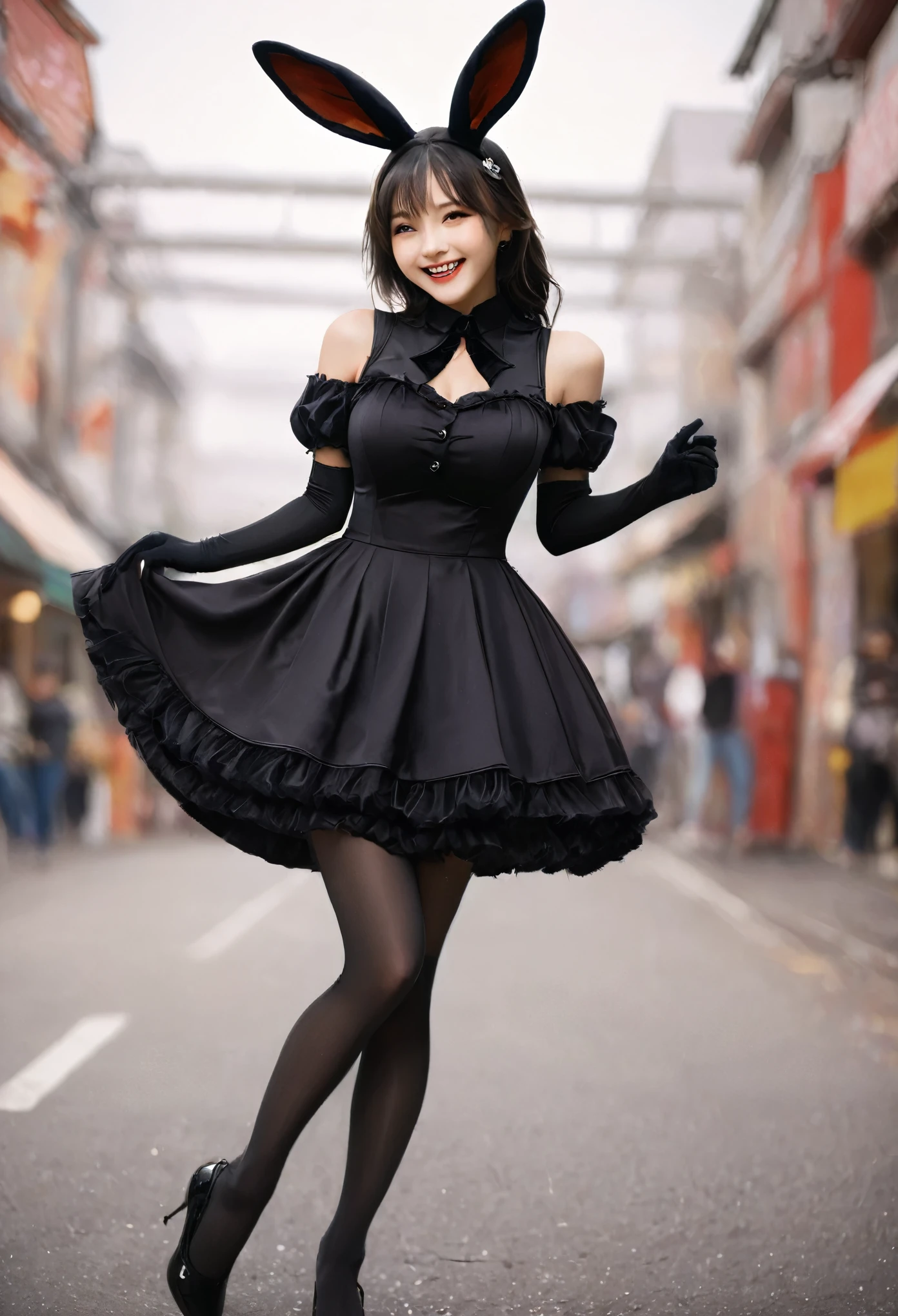 (best quality,highres), black rabbit costume, 1 girl, slim body, beautiful legs, delicate eyes, delicate skin, big breasts, smiling, showing teeth smiling, black stockings, standing, whole body, vibrant colors, soft lighting