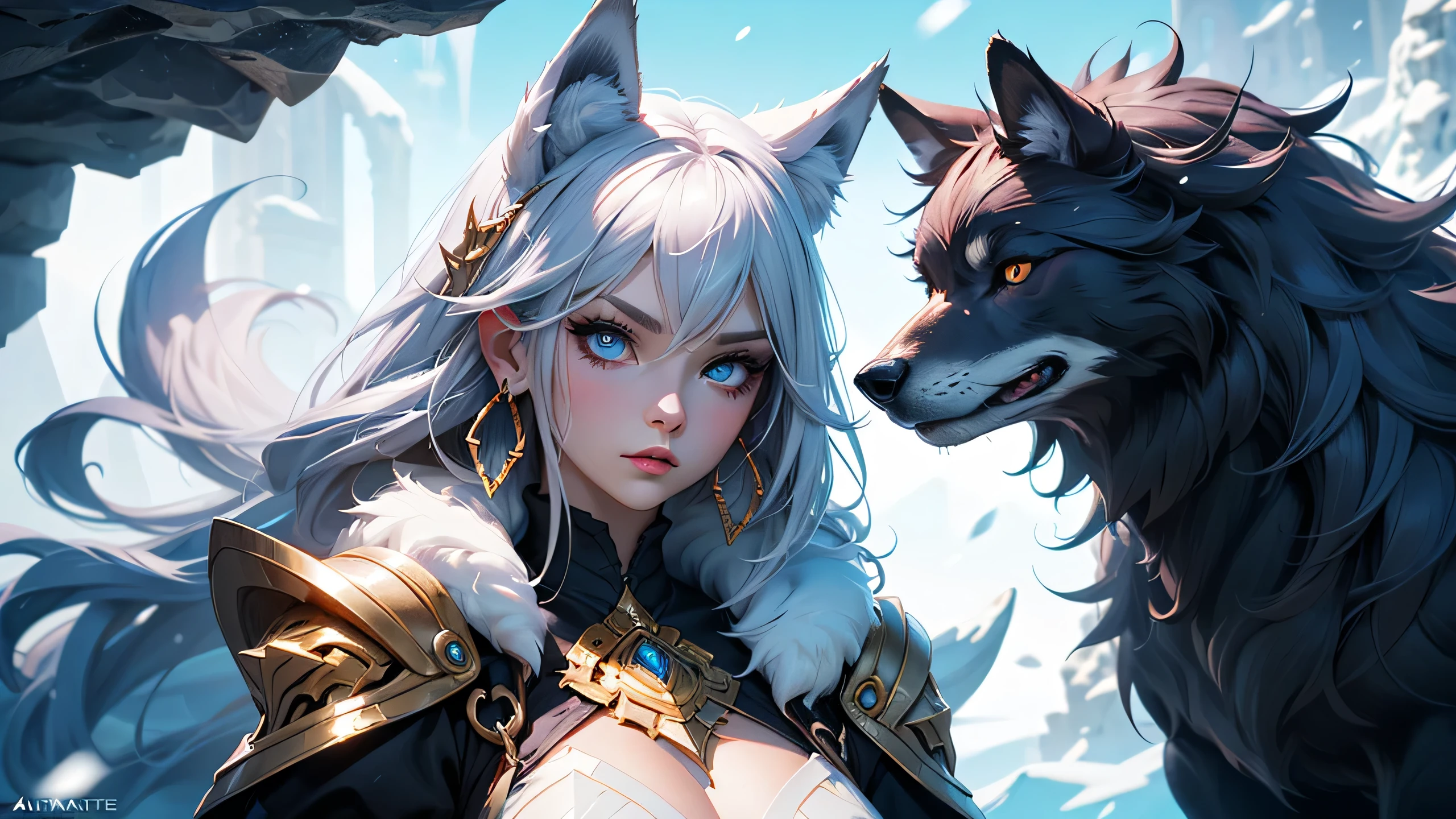 There is a snow cave near it on the stone throne sit a wolf girl, she have beatiful face ligh blue eyes red lips dark blue eye shadows main hair colour is silver with some pink highlights, dressed in sexy golden heavy armr with fur parts,  saphire earrings on her wolf ears, and long sharp nails on her hands,(ultra high quality fantasy art, dark fantasy style, masterpiece, ultra highquality character design, 8k quality anime art, top quality wallpaper illustration, detailed ultra high quality acurate face, highquality design and acurate physic )