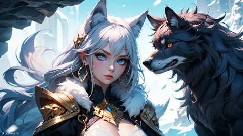 There is a snow cave near it on the stone throne sit a wolf girl, she have beatiful face ligh blue eyes red lips dark blue eye s...