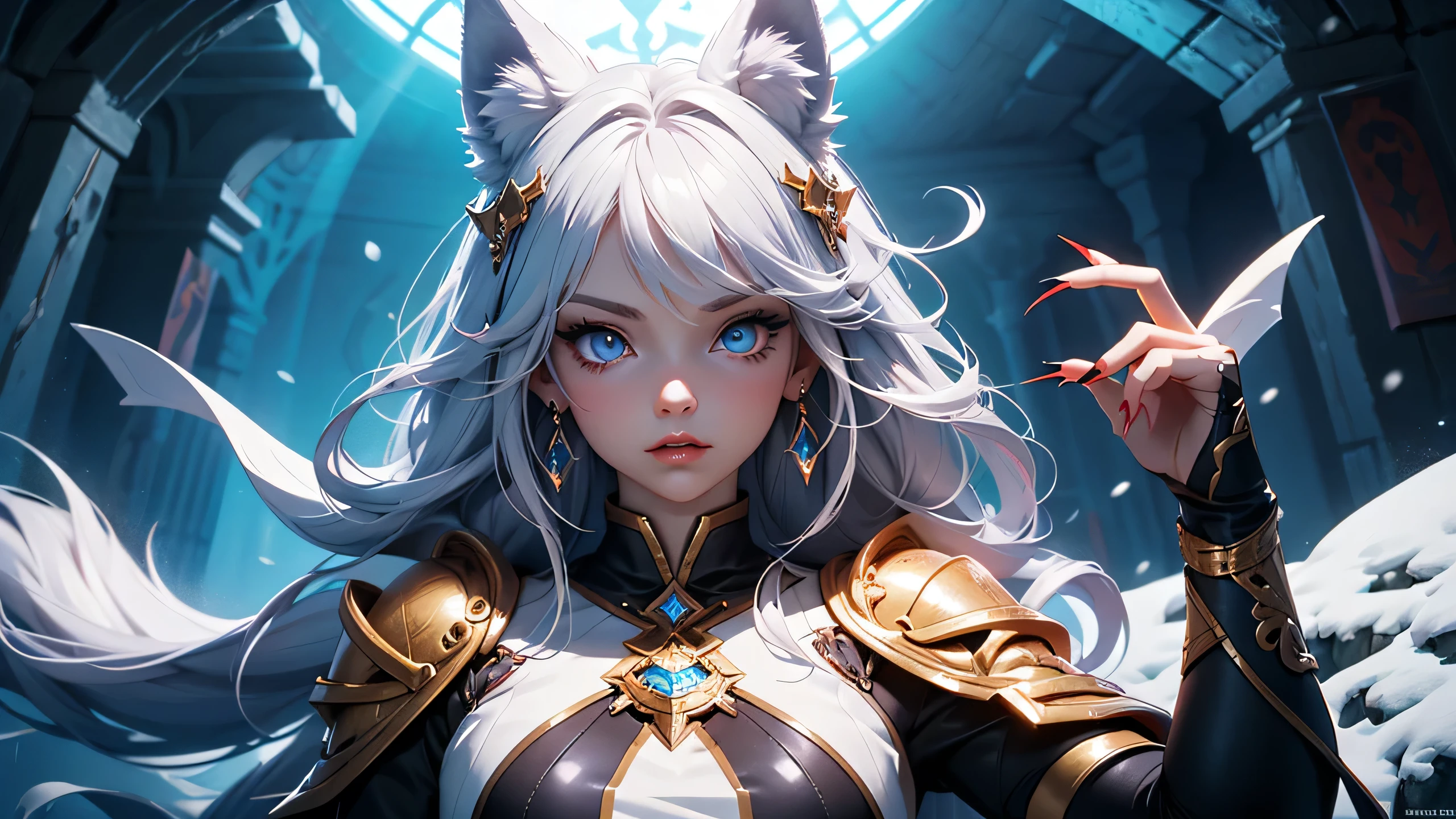 There is a snow cave near it on the stone throne sit a wolf girl, she have beatiful face ligh blue eyes red lips dark blue eye shadows main hair colour is silver with some pink highlights, dressed in sexy golden heavy armr with fur parts,  saphire earrings on her wolf ears, and long sharp nails on her hands,(ultra high quality fantasy art, dark fantasy style, masterpiece, ultra highquality character design, 8k quality anime art, top quality wallpaper illustration, detailed ultra high quality acurate face, highquality design and acurate physic )