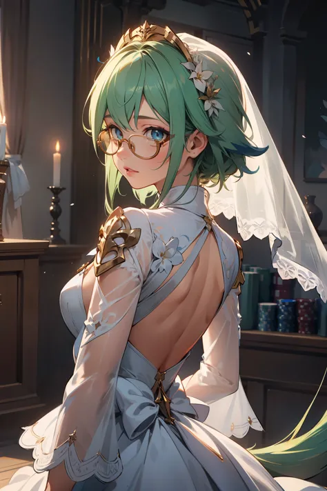 1girl,sucrosedef,green hair, glasses,
break (sheer white wedding dress,veil ,lace sleeves,big long tail:1.2)
break casino, 
brea...