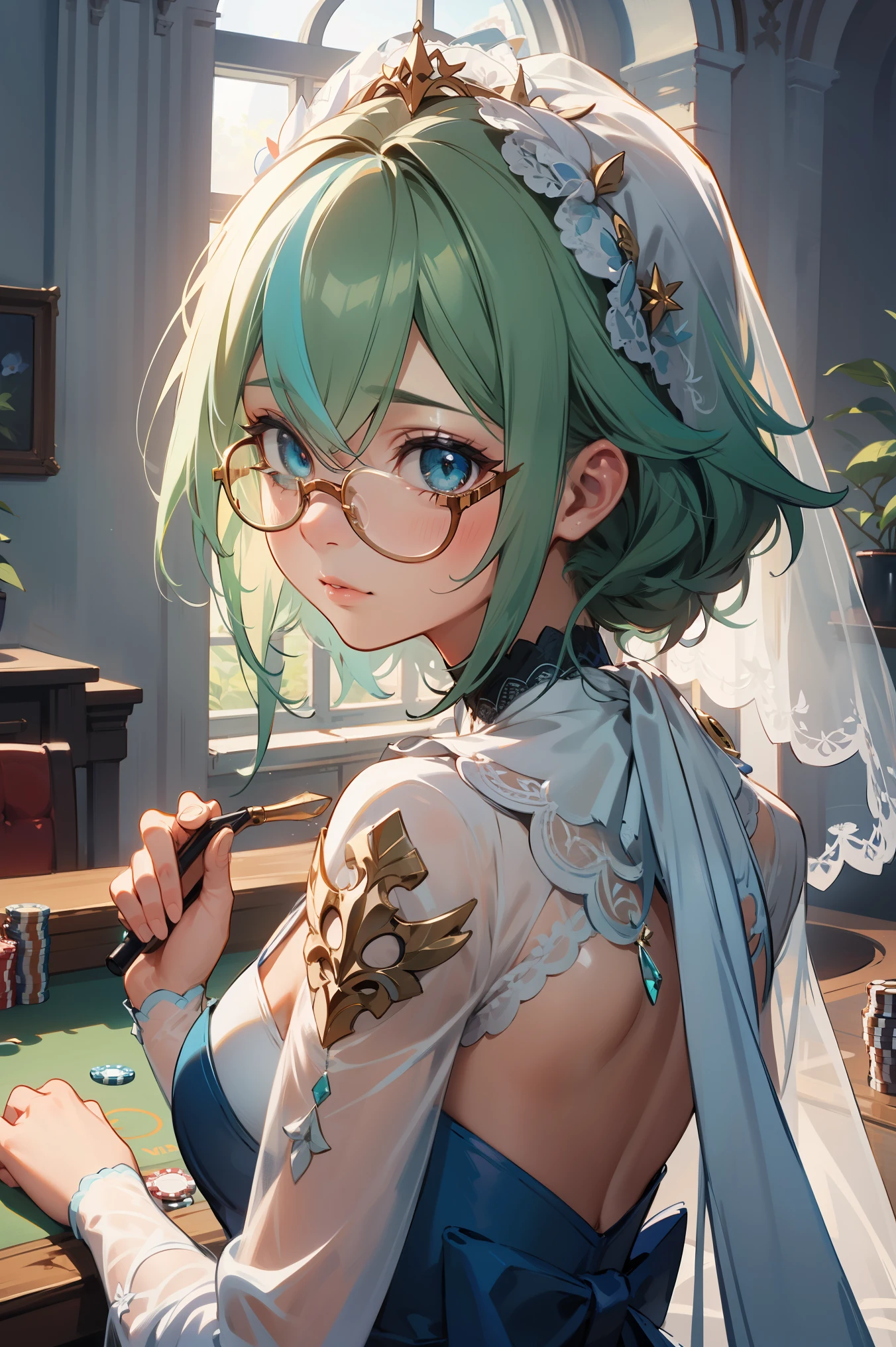 1girl,sucrosedef,green hair, glasses,
BREAK (Sheer white wedding dress,Veil ,Lace Sleeves,Big Long Tail:1.2)
BREAK casino, 
BREAK from back view、Look back with a sideways glance,
BREAK (masterpiece:1.2), best quality, high resolution, unity 8k wallpaper, (illustration:0.8), (beautiful detailed eyes:1.6), extremely detailed face, perfect lighting, extremely detailed CG, (perfect hands, perfect anatomy),