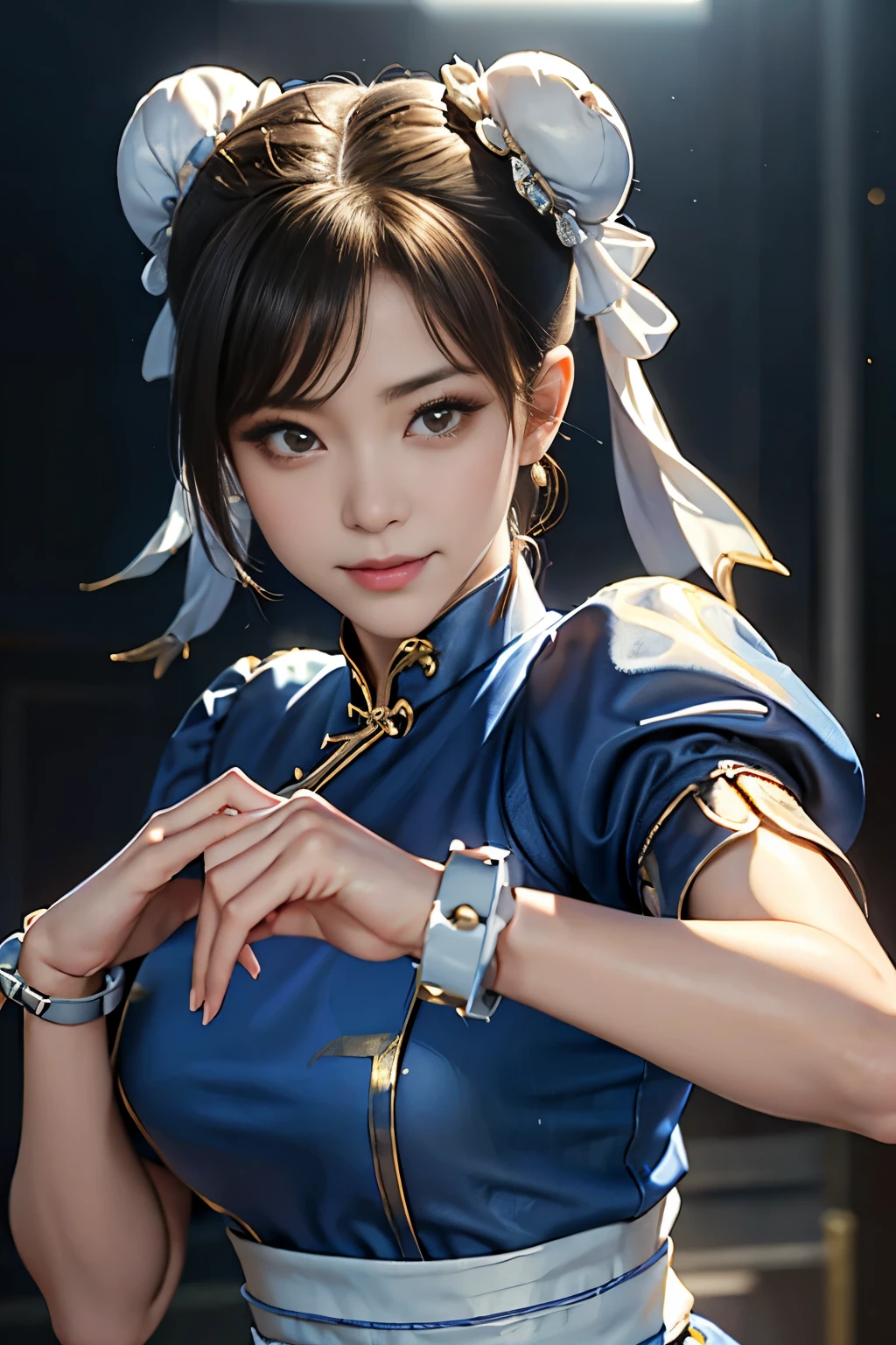 Chun-Li de Street Fight II,fantasia perfeita de chun li,cheongsam azul com linhas douradas,cabeça de coque,Boa cobertura,pose de luta,obra de arte、1 linda garota、Olhos finos、Olhos inchados、mais alta qualidade, 超Alta resolução, (realidade: 1.4), iluminação de filme、japonês、beleza asiática、coreano、Super lindo、pele bonita、corpo voltado para frente、close do rosto、(Ultra-realistic)、(Alta resolução)、(8K)、(Muito detalhado)、(Beautiful and Olhos finos)、(super detalhado)、 (parede-)、rosto detalhado、iluminação brilhante、Iluminação Profissional、olhando para o espectador、Olhe para frente、franja inclinada、Ídolo Nogizaka、ídolo coreano、obra de arte, mais alta qualidade, obra de arte, mais alta qualidade, Rosto Perfeito, olhos castanhos perfeitos com esclera branca, bad move-5, sozinho, 1 garota, tronco, cabelo castanho, Do SF2, Serviço chinês, sorriso, mulher musculosa, Roupas azuis, meia calça, cortina pélvica, mangas curtas bufantes, Boa cobertura, faixa, avaliação:segurança