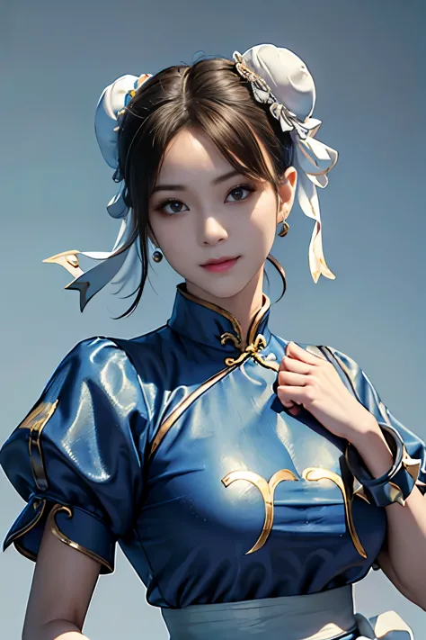 Chun-Li from Street Fight II,perfect chun li costume,blue cheongsam with gold lines,Bun head,Good cover,fighting pose,masterpiec...