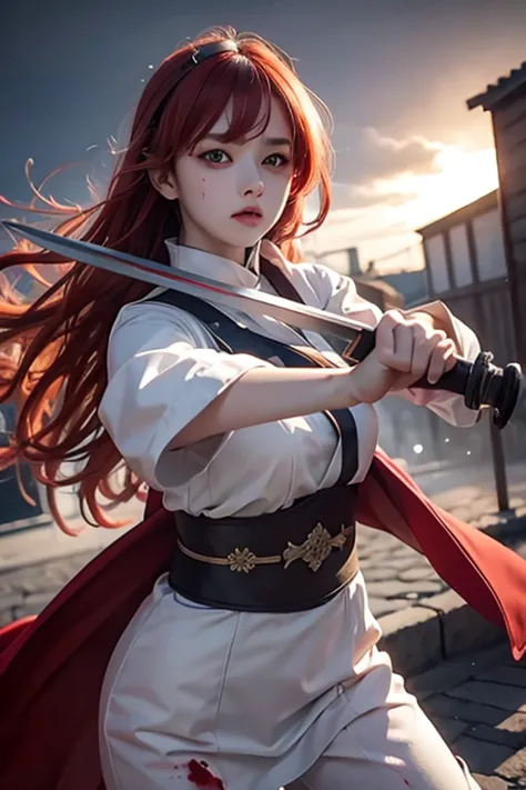 1girl, eris greyrat, red eyes, pretty , angry, fighting style , red head, white clothes, realistic clothes, detail clothes, japa...