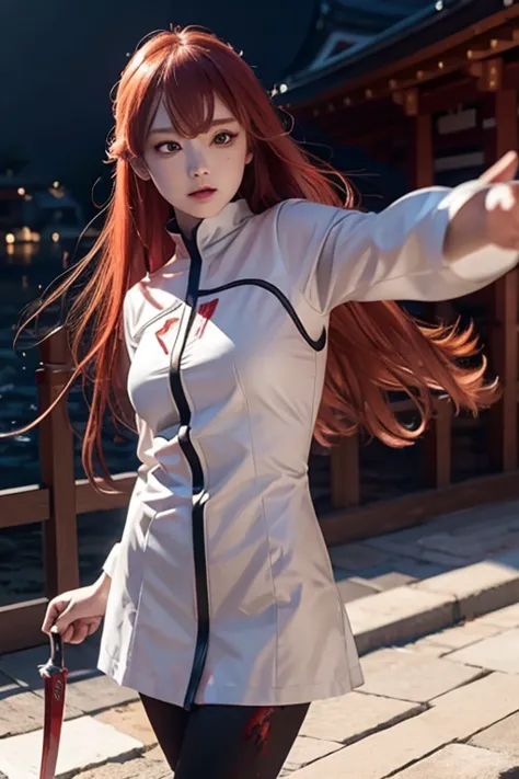 1girl, eris greyrat, red eyes, pretty , angry, fighting style , red head, white clothes, realistic clothes, detail clothes, japa...