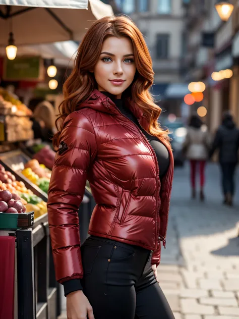 Super Detailed midbody image of gorgeous young woman with red wavy hair, fierce look, (puffer jacket:1.3), standing in a turkish...