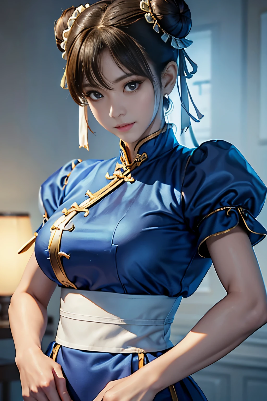 Chun-Li de Street Fight II,fantasia perfeita de chun li,cheongsam azul com linhas douradas,cabeça de coque,Boa cobertura,pose de luta,obra de arte、1 linda garota、Olhos finos、Olhos inchados、mais alta qualidade, 超Alta resolução, (realidade: 1.4), iluminação de filme、japonês、beleza asiática、coreano、Super lindo、pele bonita、corpo voltado para frente、close do rosto、(Ultra-realistic)、(Alta resolução)、(8K)、(Muito detalhado)、(Beautiful and Olhos finos)、(super detalhado)、 (parede-)、rosto detalhado、iluminação brilhante、Iluminação Profissional、olhando para o espectador、Olhe para frente、franja inclinada、Ídolo Nogizaka、ídolo coreano、obra de arte, mais alta qualidade, obra de arte, mais alta qualidade, Rosto Perfeito, olhos castanhos perfeitos com esclera branca, bad move-5, sozinho, 1 garota, tronco, cabelo castanho, Do SF2, Serviço chinês, sorriso, mulher musculosa, Roupas azuis, meia calça, cortina pélvica, mangas curtas bufantes, Boa cobertura, faixa, avaliação:segurança, decote