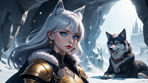 There is a snow cave near it on the stone throne sit a wolf girl, she have beatiful face ligh blue eyes red lips dark blue eye s...