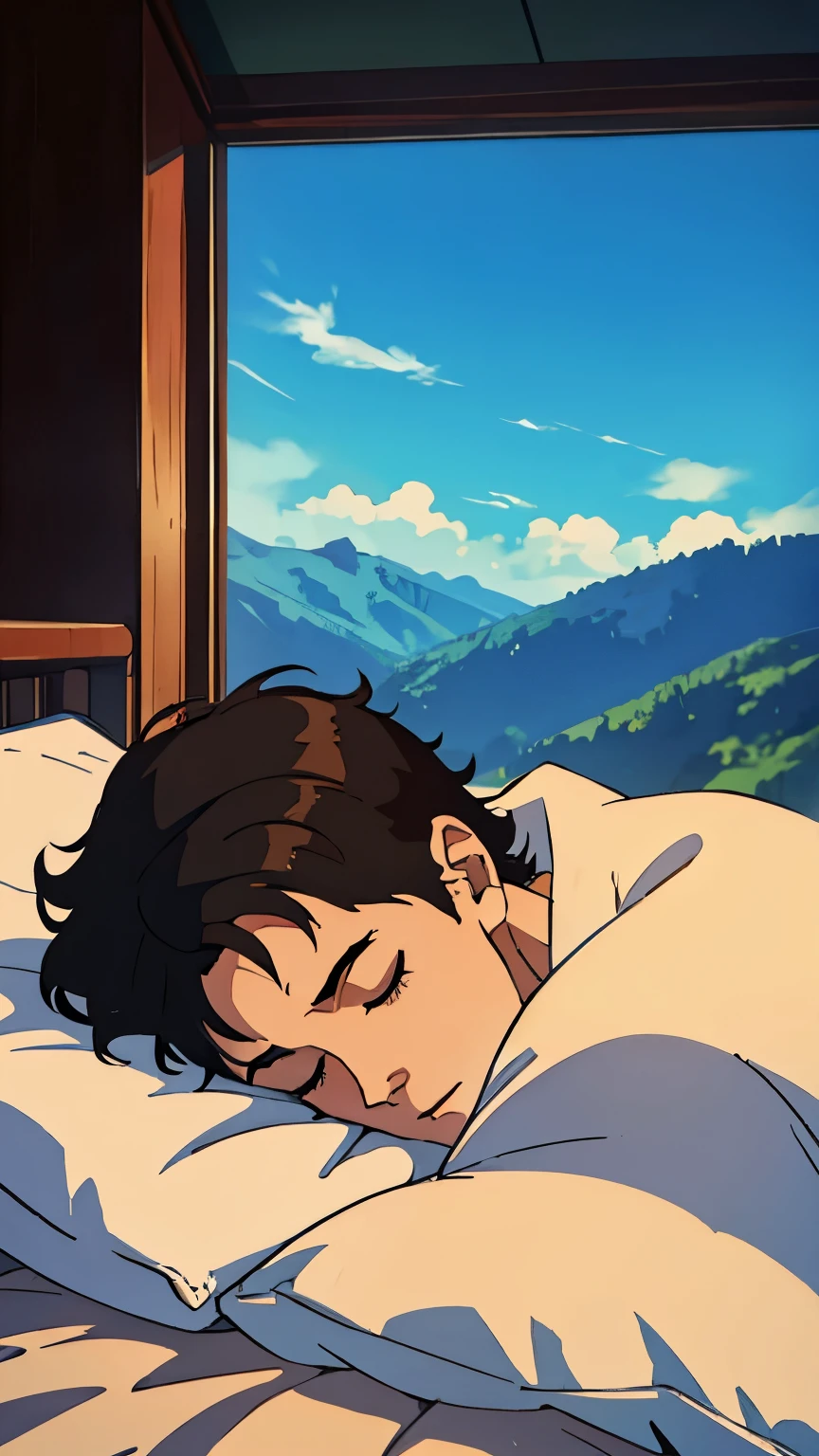 山を背景にベッドで眠る男性のアニメシーン - SeaArt AI