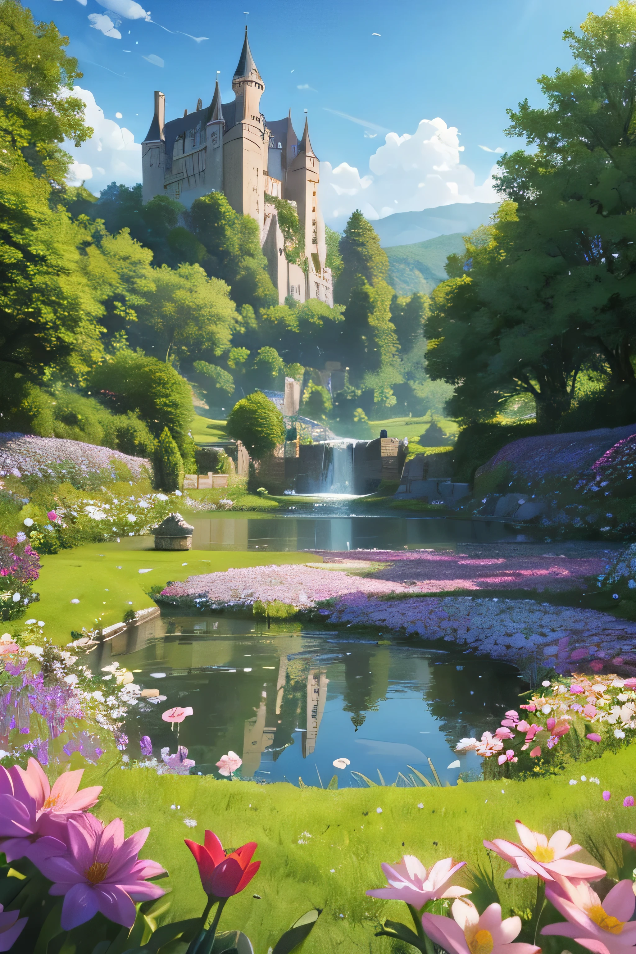 ein Schloss, unterhalb der Burg ist ein Bach mit Wasser und Blumen auf dem Feld