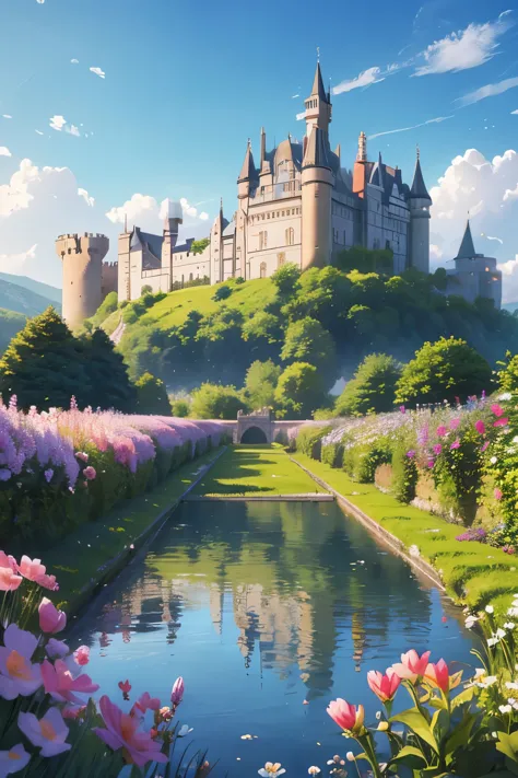 a castle, below the castle is a stream of water and flowers in the field