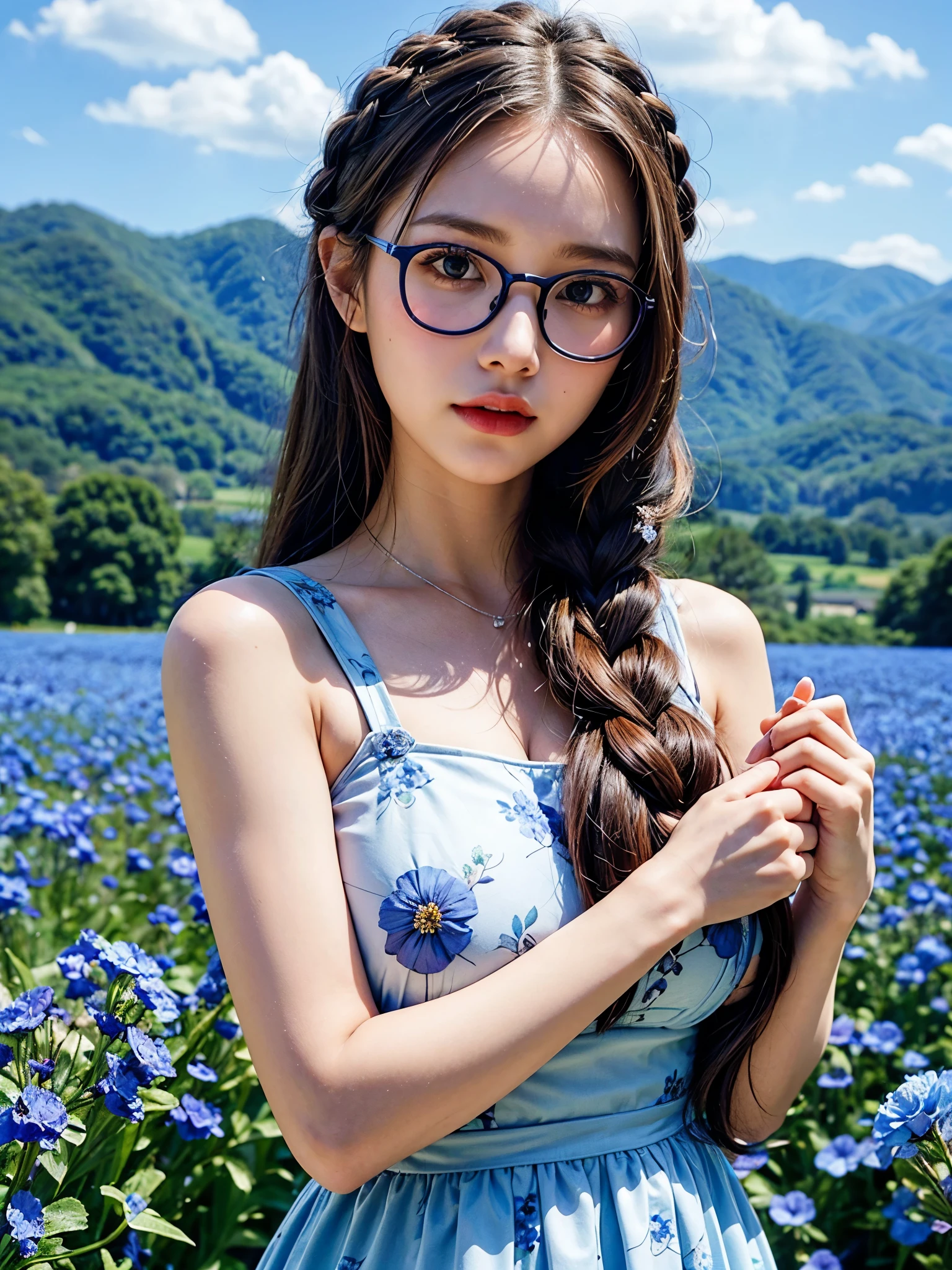 Best quality: 1.4, high resolution, perfect lighting, one girl, big breasts, floral dress, nemophila flower field, glasses, braids