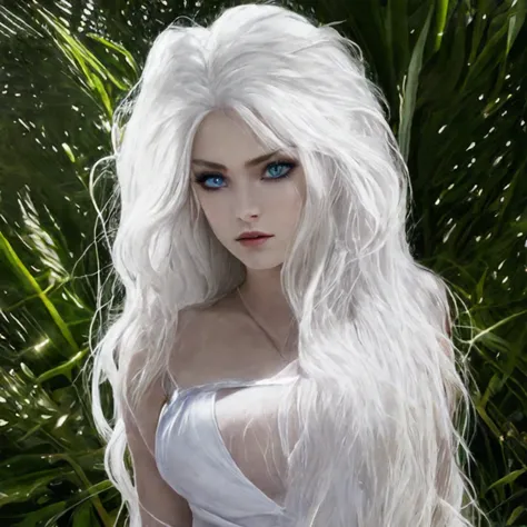 a close up of a woman with long white hair and blue eyes, detailed white long hair, with long white hair, with white long hair, ...