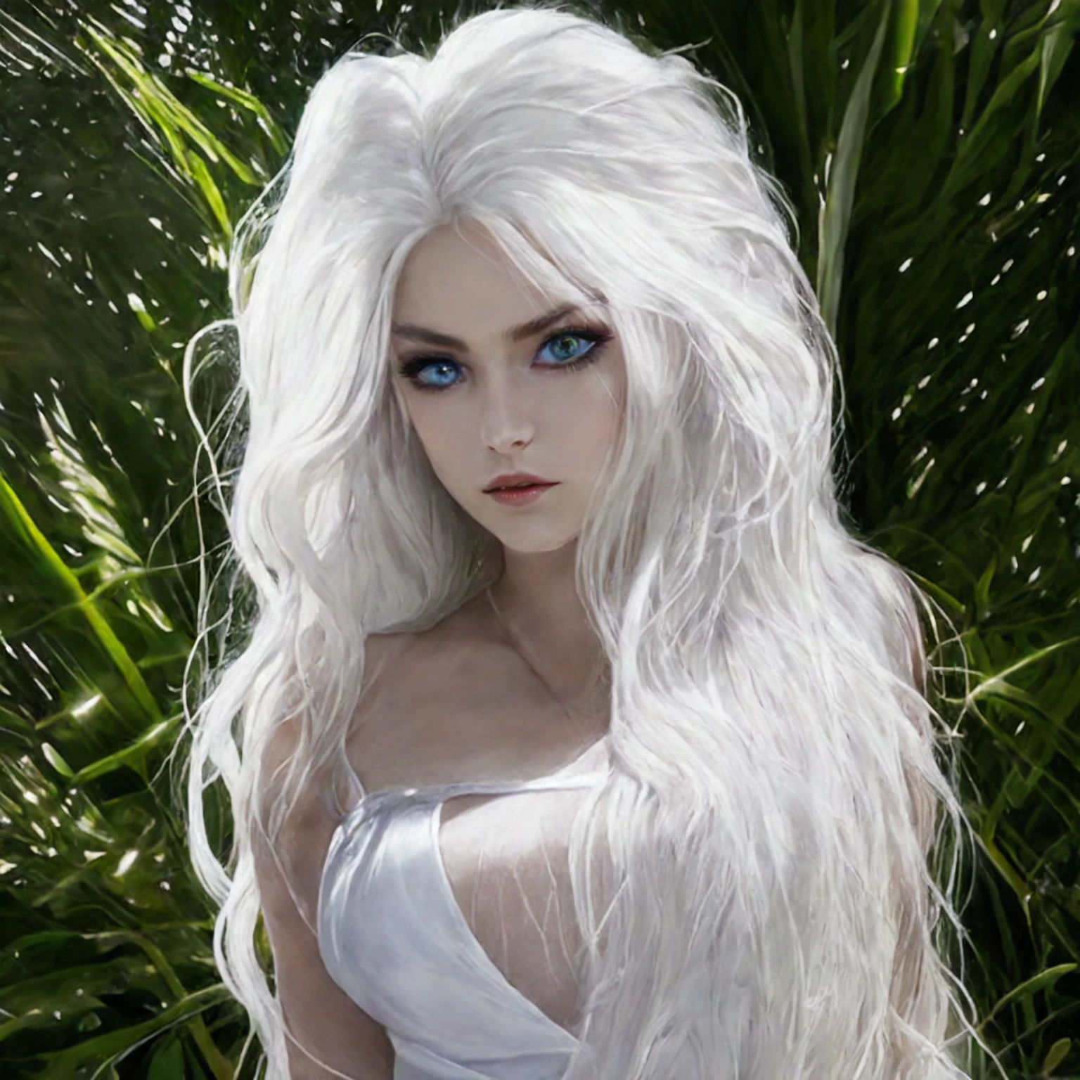 a close up of a woman with long white hair and blue eyes, detailed white long hair, with long white hair, with white long hair, 4k hd. snow white hair, very beautiful elven top model, white beautiful hair, intense white hair, long flowing white hair, girl with white hair, perfect white haired girl, white long hair, white witch