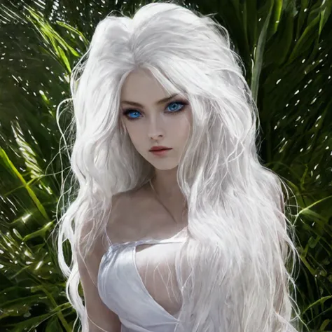 a close up of a woman with long white hair and blue eyes, detailed white long hair, with long white hair, with white long hair, ...