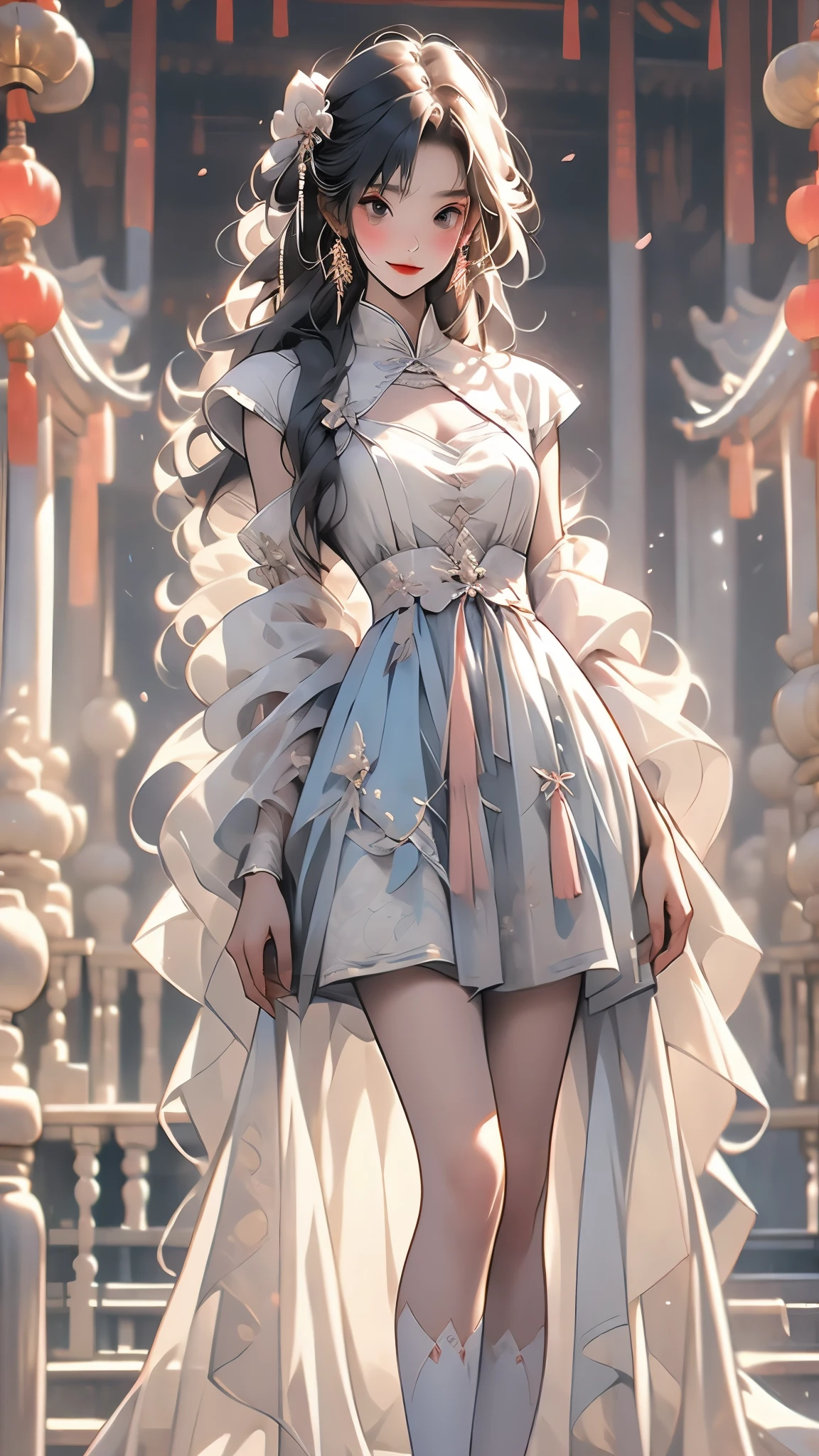 Super detailed, beauty, Madoka Higuchi, (smile), dynamic, ((slender, slender, shy, embarrassed)), tight white stockings, ((skin dents)), cyb dress, chinese clothes, detached collar, clothing cutout, wide sleeves, see-through sleeves, tassel，ruined temple, deep scene, erotic pose, (legs put at the back), solo,