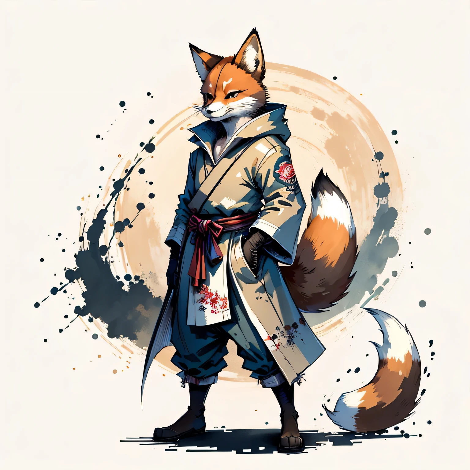 C4tt4stic，fox,  Wearing fashionable clothes， ukiyoe painting, etchings