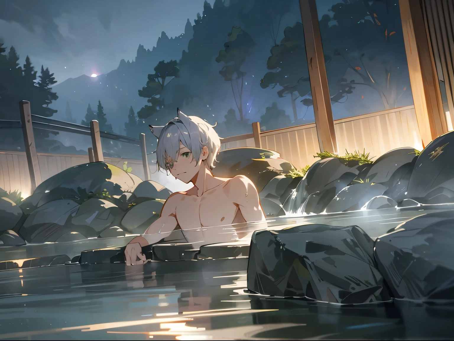 Anime boy in a hot tub with a waterfall in the background - SeaArt AI