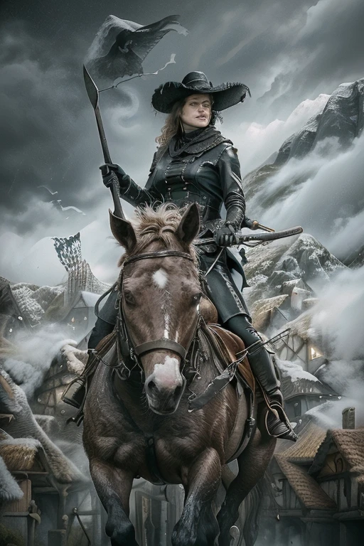 (best quality,4k,8k,highres,masterpiece:1.2),ultra-detailed,(realistic,photorealistic,photo-realistic:1.37),painting,man riding a horse with a scythe and a sickle,death's herald,distinctive art,grandma's wax,plague doctors cowboys,Michael Whelan,the third horseman,traditional style,gloomy atmosphere,vibrant colors,precise brushwork,dramatic lighting,ominous clouds,foreboding scene,historical setting,tension between life and death,detailed horse anatomy,impressive landscape backdrop,hazy fog,ominous sky,expressive brush strokes,tangible textures,period costumes,detailed hair and facial features,feathered hat,focused composition,eye-catching perspective,dynamic movement,sense of urgency,strong contrast between light and shadow