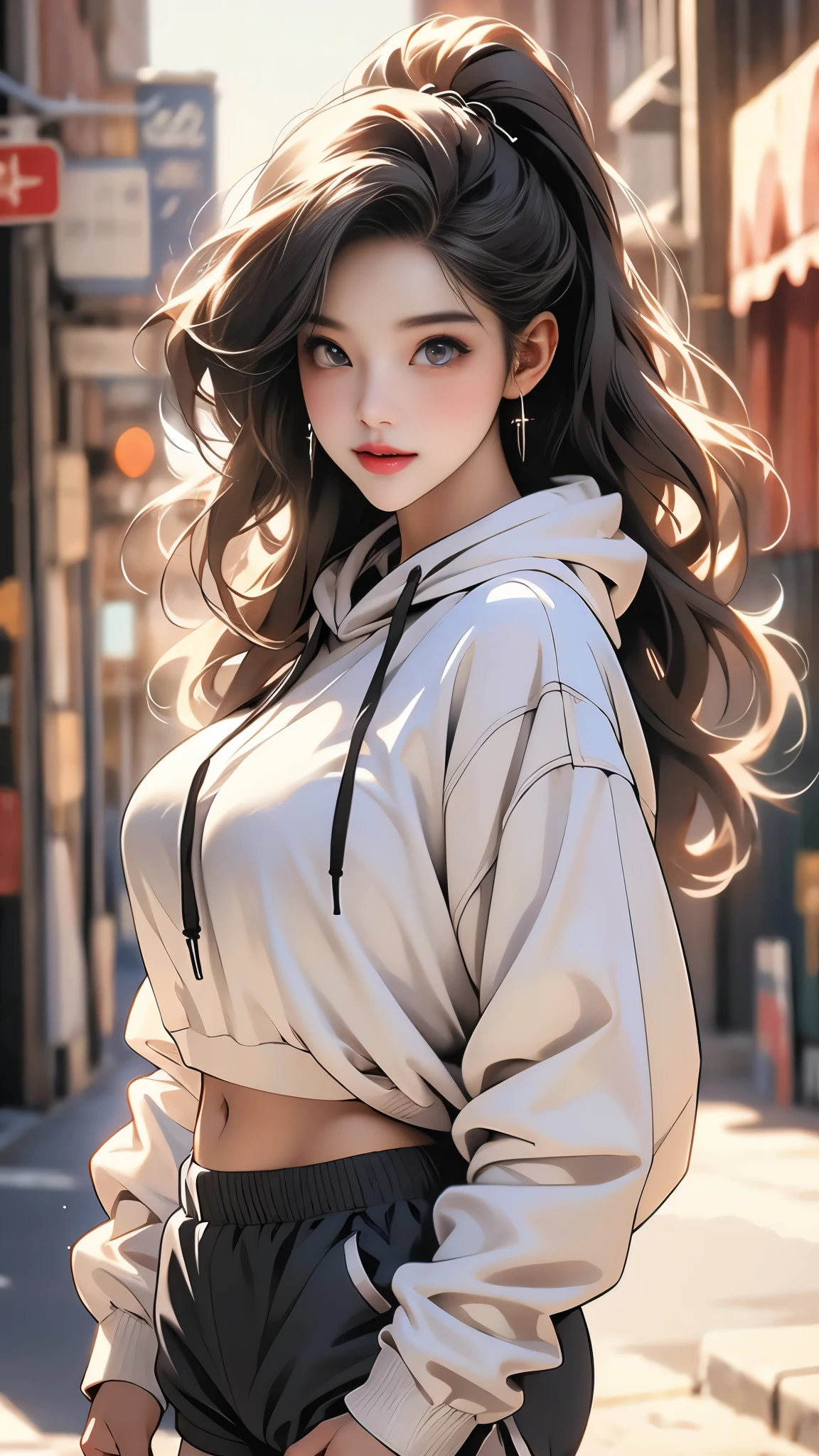 (1girl), best quality, ultra-high res, (photorealistic), (detailed eyes:1.4), (realistic, photo-realistic), perfect lighting, smile, showing waist, big breast, long hair, looking at viewer, facing front, realistic, light skin, (hoodie:1.2), (shorts:1.2), (black pantyhose:1.2), jewelry, earrings, on street, 