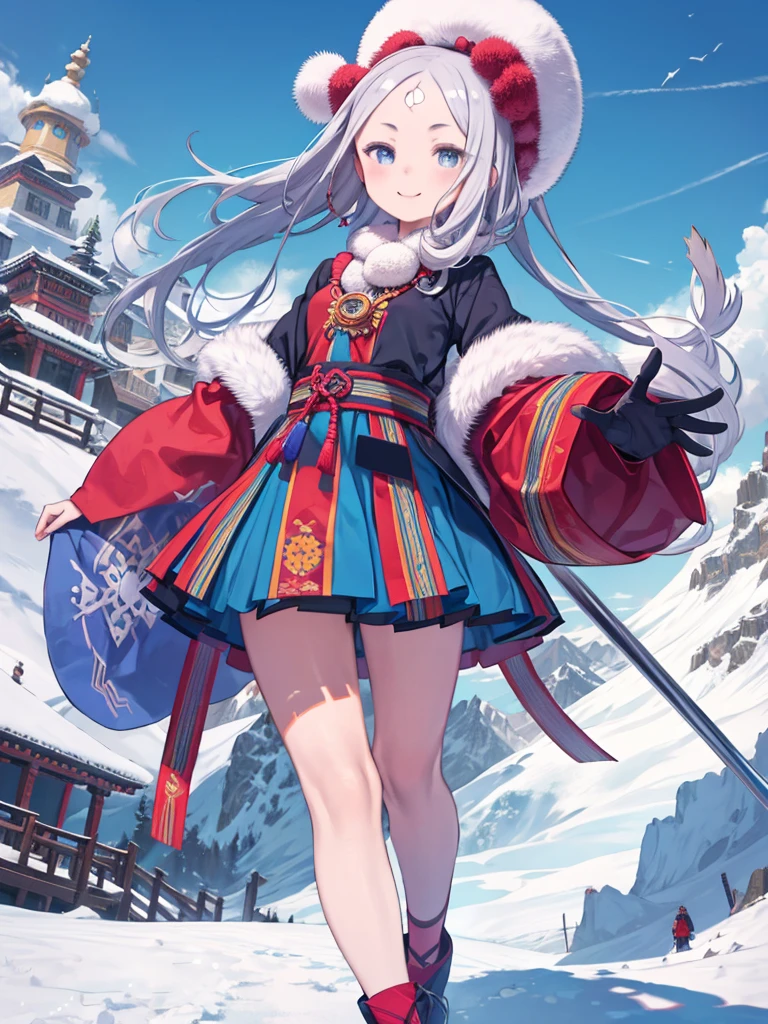 masterpiece、highest quality、High resolution、Very detailed、Medium wide shot、Girl、(Three Eyes、There are eyes on the forehead)、Tibetan national costume、Snow Mountain、blue sky、Smiling、Cane、