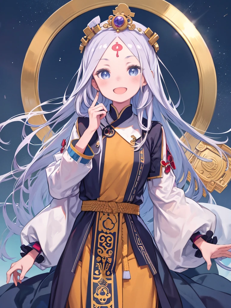 masterpiece、highest quality、High resolution、Very detailed、Medium wide shot、Girl、((Three Eyes、There are eyes on the forehead、Third Eye))、Tibetan national costume、Snow Mountain、blue sky、laughing、