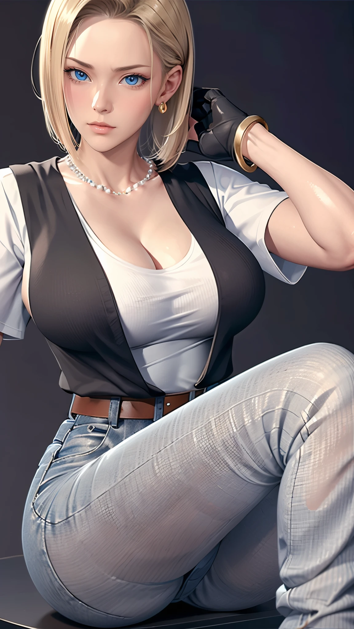 （（（Perfect figure，figure，独奏， （（（belt, jeans, pearl_necklace, bracelet, black gloves, white shirt,short sleeves, earrings, blue pants, open vest, black vest,））），（（（and18, android 18, blonde hair, blue eyes, short hair, ））），((masterpiece)),high resolution, ((Best quality at best))，masterpiece，quality，Best quality，（（（ Exquisite facial features，Looking at the audience,There is light in the eyes，(（（angry，serious））)，））），型figure:1.7））），（（（Light and shadow，Huge breasts））），（（（Looking at the camera，black background，）））