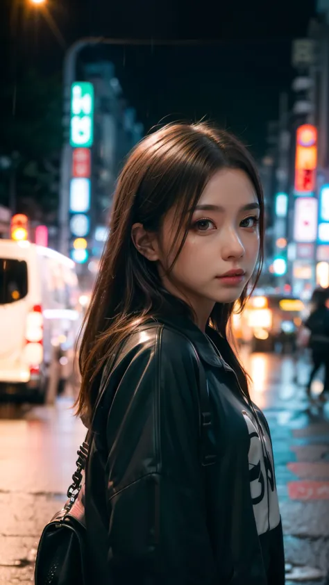 A woman standing on a busy street in Tokyo, Traffic jam on a rainy night, masterpiece, RAW Photos, Depth of written boundary, Bo...